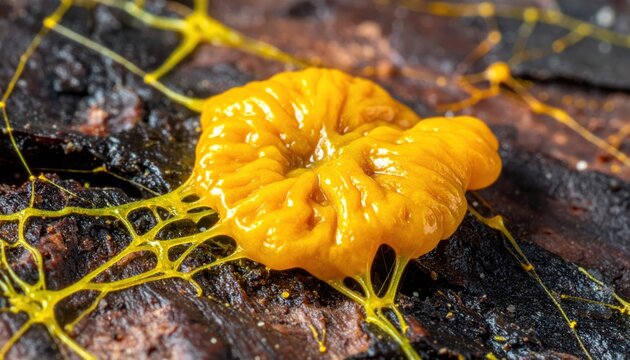 Super macro of yellow slime mold expanding over dark wood, showing bright folded plasmodium, branching veins and moist organic forest growth.