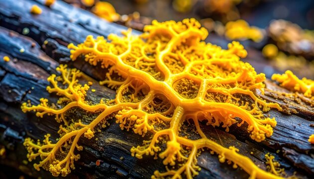 Super macro of yellow slime mold expanding over dark wood, showing bright folded plasmodium, branching veins and moist organic forest growth.