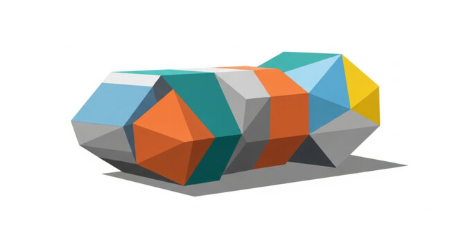 Abstract geometric sculpture with colorful facets and shadow.