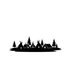 Native American Village Silhouette with Teepees and Trees. © Dira