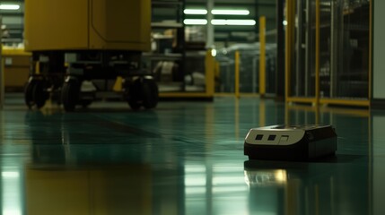 Obraz premium Autonomous mobile robots navigate a modern smart factory floor, performing tasks with advanced automation, optimizing logistics and industrial processes efficiently