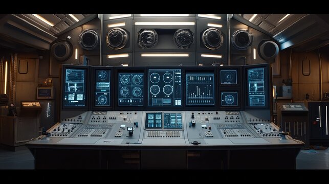 Futuristic control room with central console and multiple glowing blue screens showing data, dashboards, and interactive interfaces for managing advanced systems and operations