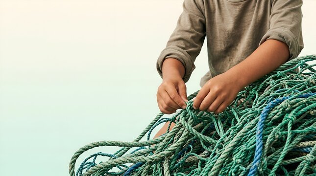Child's Hands Tying Nautical Rope Knot with Fishing Net
