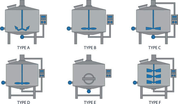 Set of industrial mixing tanks with various agitator designs an essential vector illustration for chemical engineering pharmaceutical and food processing applications