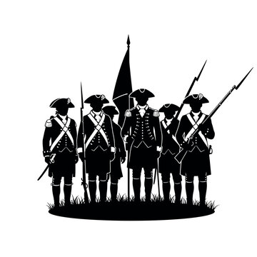 Silhouette of Colonial Soldiers with Muskets and Flag.