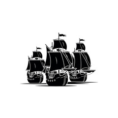 Three historic sailing warships sailing. © Dira