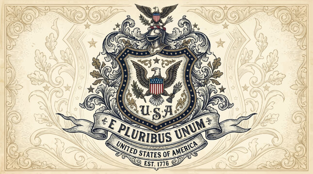 Vintage american logo featuring eagle shield with usa and e pluribus unum on ornate background