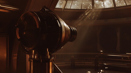 Fototapeta premium Large astronomical telescope inside a dark, modern observatory with a view of stars and planets, representing scientific research and space exploration