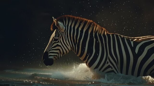 Dramatic Side View of Zebra Running Through Water at Night
