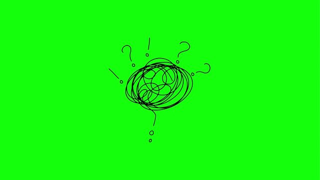 Animated scribble doodle of a confused mind with question marks on green screen background.