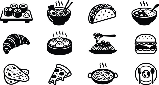 Comprehensive collection of international restaurant food icons including croissant dim sum noodles flatbread and global dining plate layout