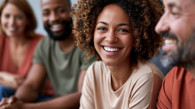Eine lachende afroamerikanische Frau in einem gem&uuml;tlichen Pullover sitzt mit einer diversen Gruppe Menschen im Hintergrund zusammen.