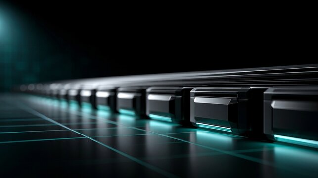 Eine Reihe schwarzer futuristischer Server oder Elektronikger&auml;te mit t&uuml;rkisfarbener Beleuchtung auf dunklem Hintergrund.
