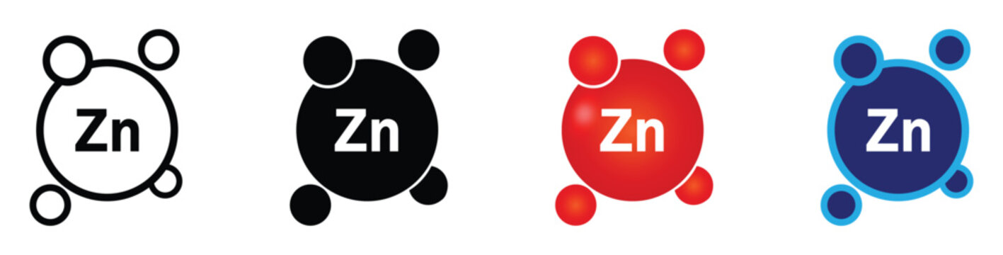 Zinc Zn chemical element icons with atomic model, essential health mineral concept. Vector illustration