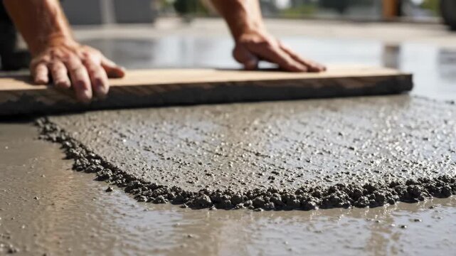 Close-up of hands leveling wet concrete with a wooden screed. Construction worker pouring a foundation or floor. Manual labor and building process