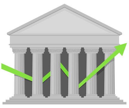 Classical bank building with a sharp rising green arrow chart symbolizing financial recovery, investment momentum, economic prosperity, and banking success. (cut out)