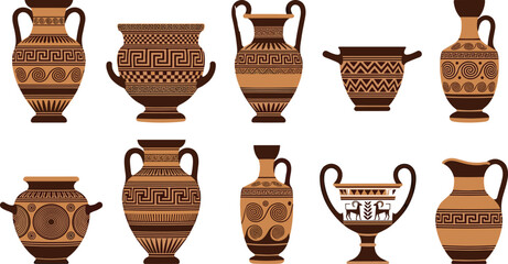 Ten Ancient Greek Terracotta Ceramic Pottery Amphora Vase Collection with Traditional Geometric Pattern Vector Illustration Set Isolated on White Background © MD