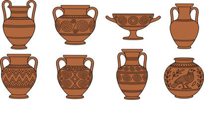 Eight Ancient Greek Terracotta Ceramic Pottery Amphora Vase Collection with Traditional Pattern Vector Illustration Set Isolated on White Background © MD