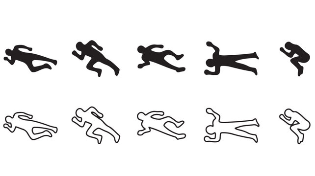 Crime scene chalk outline vector icons, dead body silhouette set for forensic investigation, black and white murder victim body outlines