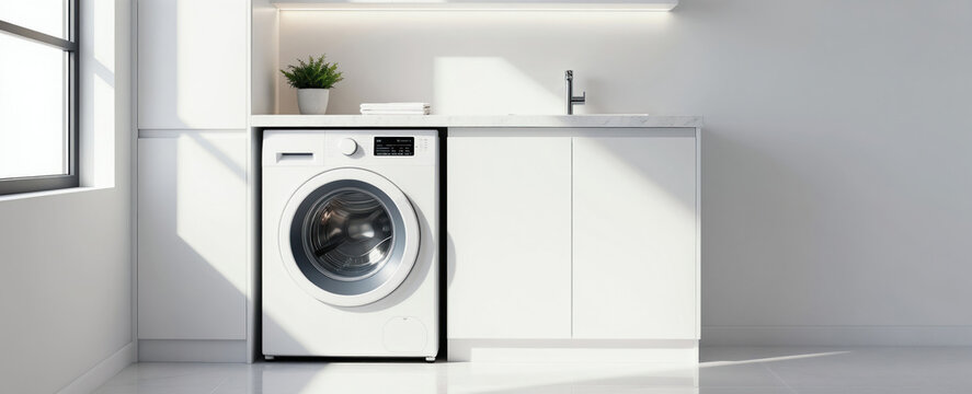 Modern white laundry room with front load washer and marble countertop. Sunlight streams through window illuminating clean domestic space. Home appliance sits on tiled floor.