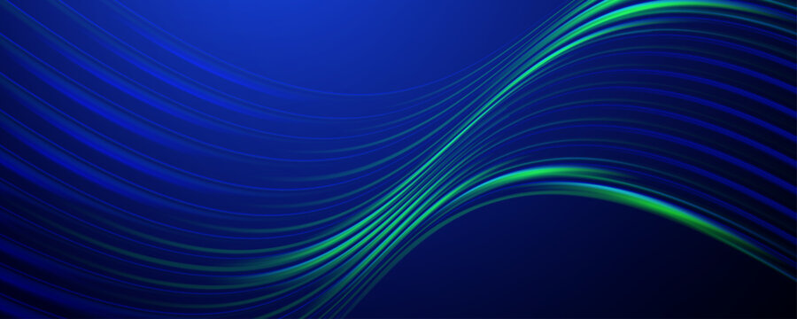 Abstract flowing neon blue and green wave lines background