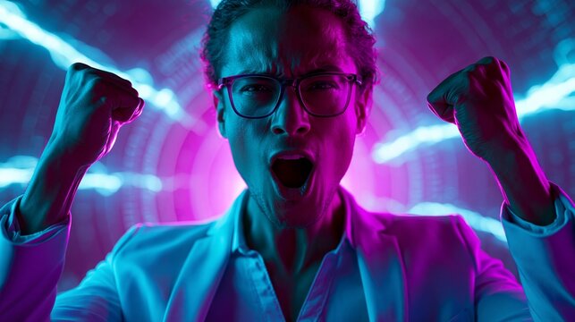Ein Mann mit Brille rei&szlig;t triumphierend die F&auml;uste nach oben vor einem leuchtenden Neonhintergrund in Lila und Pink.