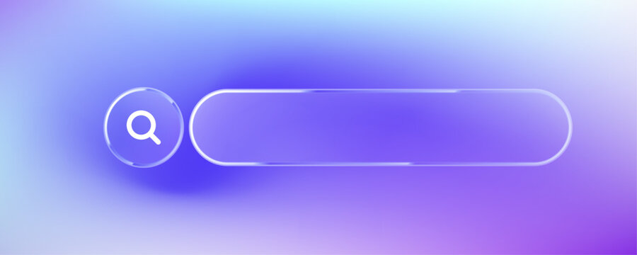 3D glassmorphism search bar on blurred purple gradient background