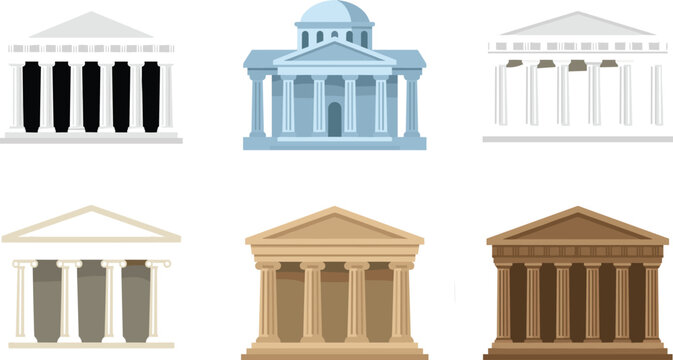 Six Flat Design Classical Greek Roman Temple Building Icon Vector Illustration Set Multiple Colors Isolated on White Background Architecture Design