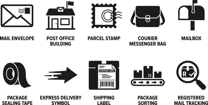 Comprehensive mail delivery and logistics icon collection with parcel stamp mailbox packaging sealing tape and shipping label vectors