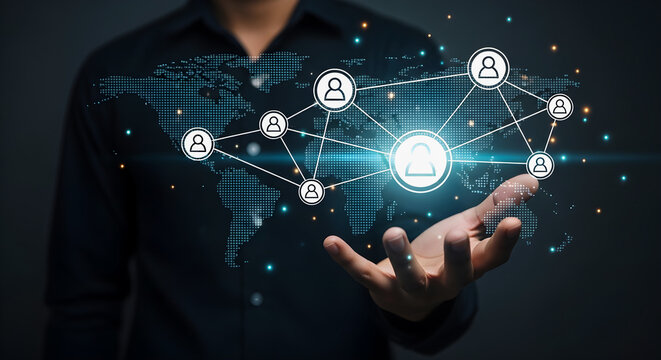 Professional businessman holding a glowing digital network interface featuring interconnected people icons representing global communication and modern corporate connectivity in this sophisticated and