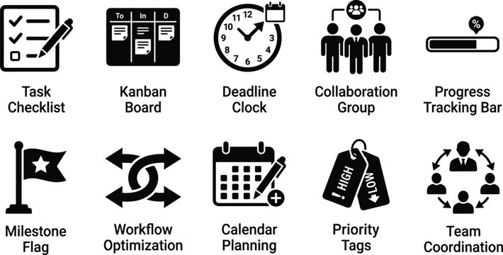 Corporate productivity and task management icon collection with deadline clock calendar planning priority tags and team coordination vectors
