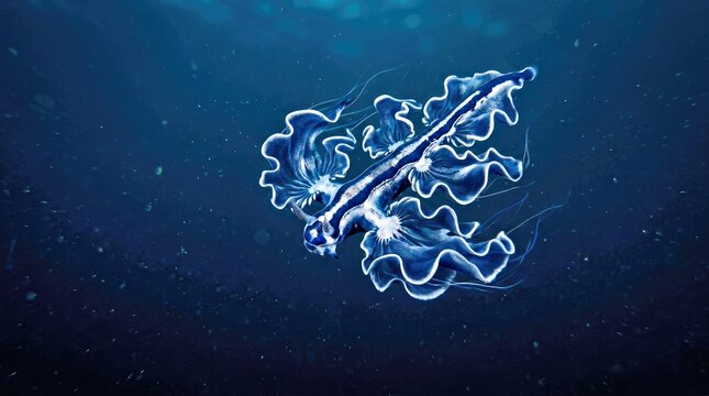Blue Glaucus Atlanticus Sea Slug Swimming in Deep Ocean Water for Marine Biology and Nature Education Content