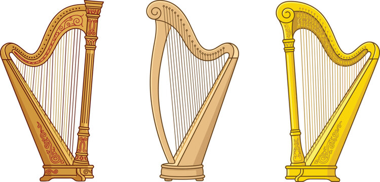 Three Realistic Ornate Golden Concert Pedal Harp Musical Instrument Vector Illustration Set Isolated on White Background Classical Design