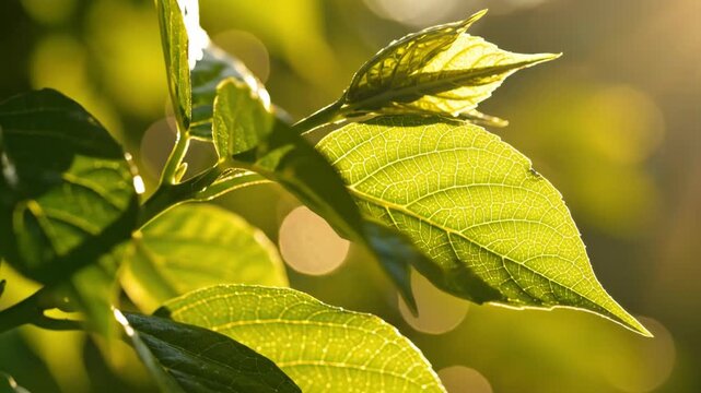 A detailed close-up of a green leaf backlit by warm sunlight. Fresh plant foliage growing in a spring garden. The concept of nature and ecology