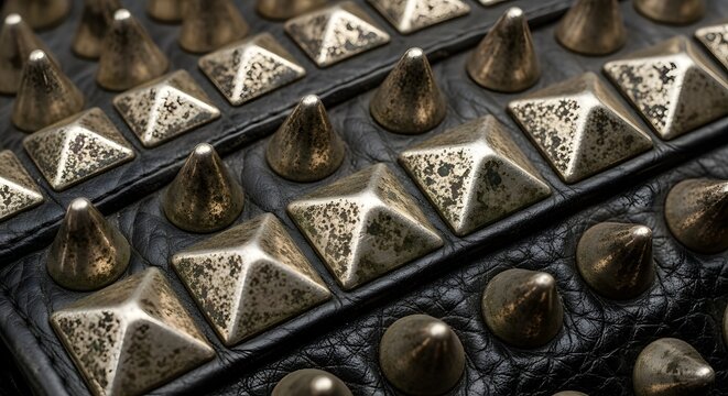 Close-up of a textured black leather accessory adorned with rows of antique gold pyramid studs and sharp conical spikes, highlighting a bold, edgy, and rebellious fashion aesthetic