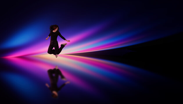 3D neon light jump with woman over reflective gradient