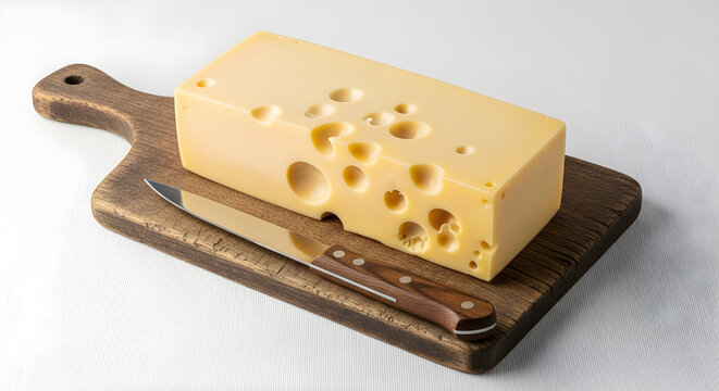 This high quality studio photograph showcases a large block of delicious swiss cheese with distinct holes resting on a rustic wooden cutting board next to a sharp steel kitchen knife