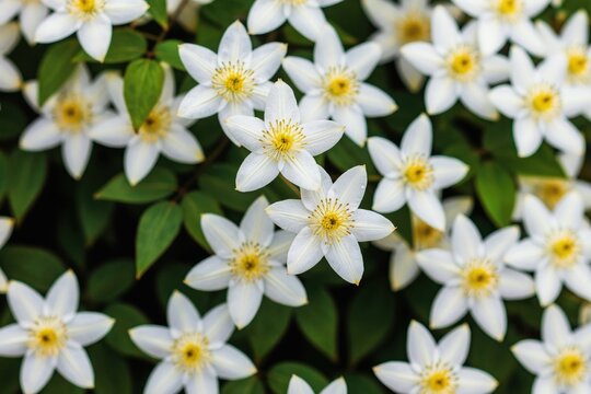 White clematis flowers with yellow centers bloom on green vine. Delicate petals open widely, revealing stamens. Nature detail perfect for summer gardens.