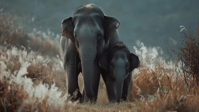 Mother Elephant and Baby Calf Walking in the Wild