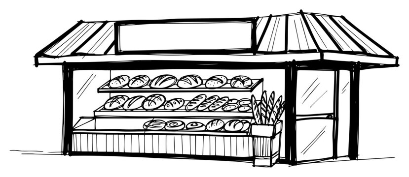 Bakery kiosk bread stall hand drawn line art vector illustration