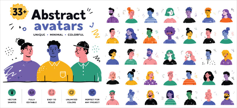 Abstract avatars collection, set of 33 unique minimal colorful people icons, diverse character profile heads for social media and web design