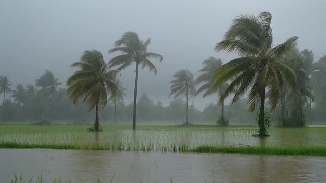 Flooded tropical landscape with palm trees in heavy rain and strong wi