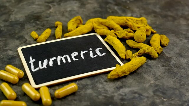 Turmeric root for supplements and essential oils. Selective focus.