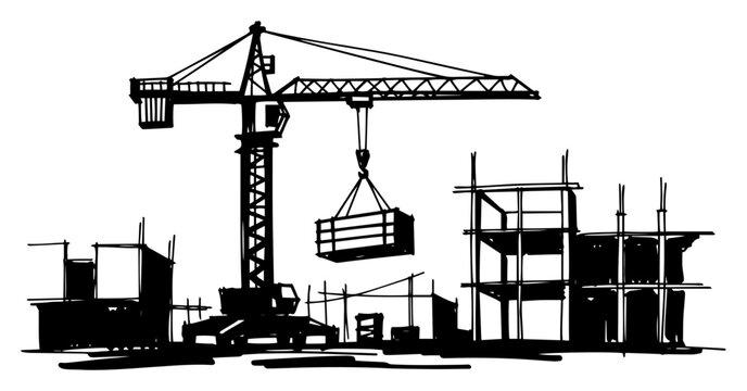 Tower crane lifting load at building construction site hand drawn line art vector illustration