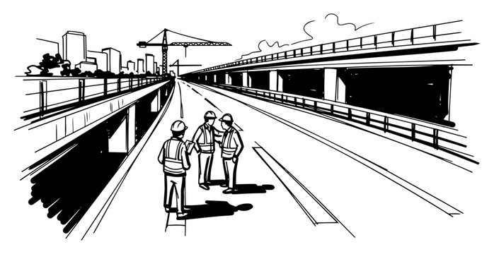 Engineers Inspecting Highway Overpass Construction Hand-Drawn Black and White Vector Illustration