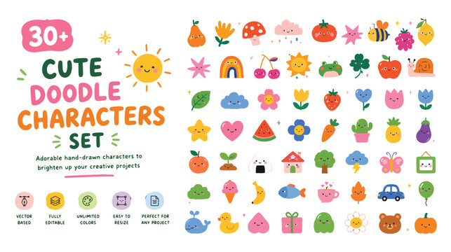 Cute doodle characters set with 30 plus hand drawn icons, adorable cartoon sticker collection, colorful kawaii vector illustrations for creative projects