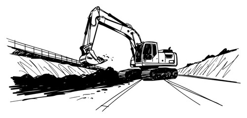 Crawler Excavator Digging Earth at Railway Construction Site Hand Drawn Black and White Vector Illustration © Mago