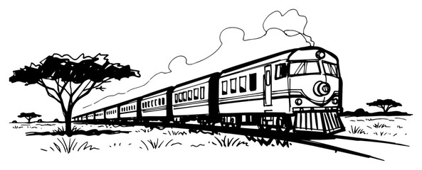 Classic Diesel Passenger Train on Rural Railway Landscape Black and White Vector Illustration © Mago