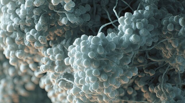 Microorganism colonies displaying detailed biological texture and growth, featuring many spherical spores connected by filamentous hyphae in a scientific context