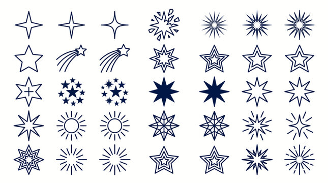Collection of blue starburst and snowflake icons in outline vector style, decorative geometric shapes for design and branding